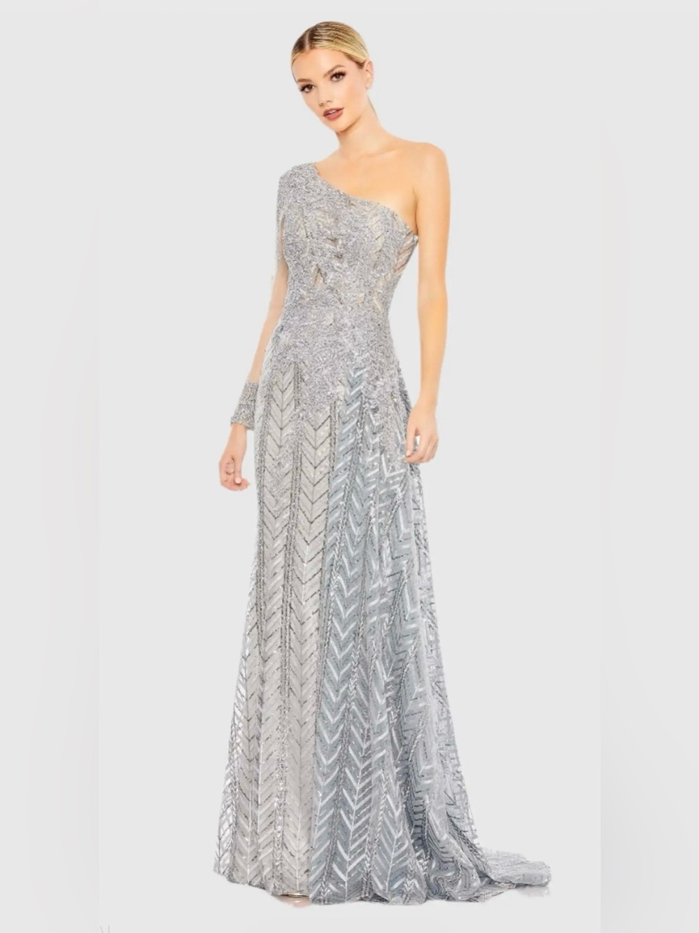Mac Duggal 20401 Platinum Beaded One Shoulder A Line Gown NWT Sz 8